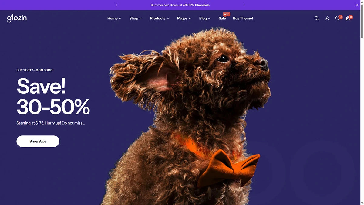 Glozin Paw Paradise Shopify theme homepage designed for modern pet stores