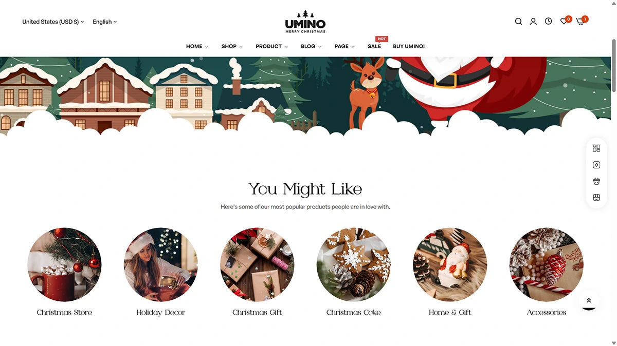 UMINO website homepage with Christmas-themed products and a snowy village background.