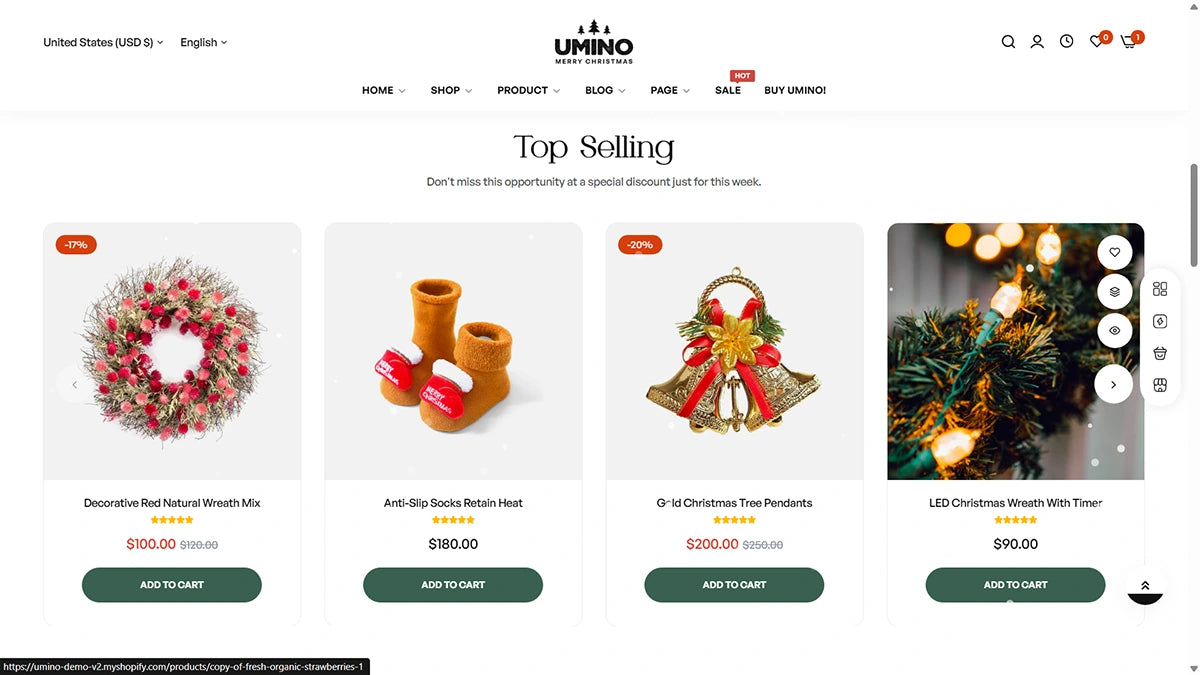 E-commerce website page with Christmas-themed products and 'UMINO' branding.