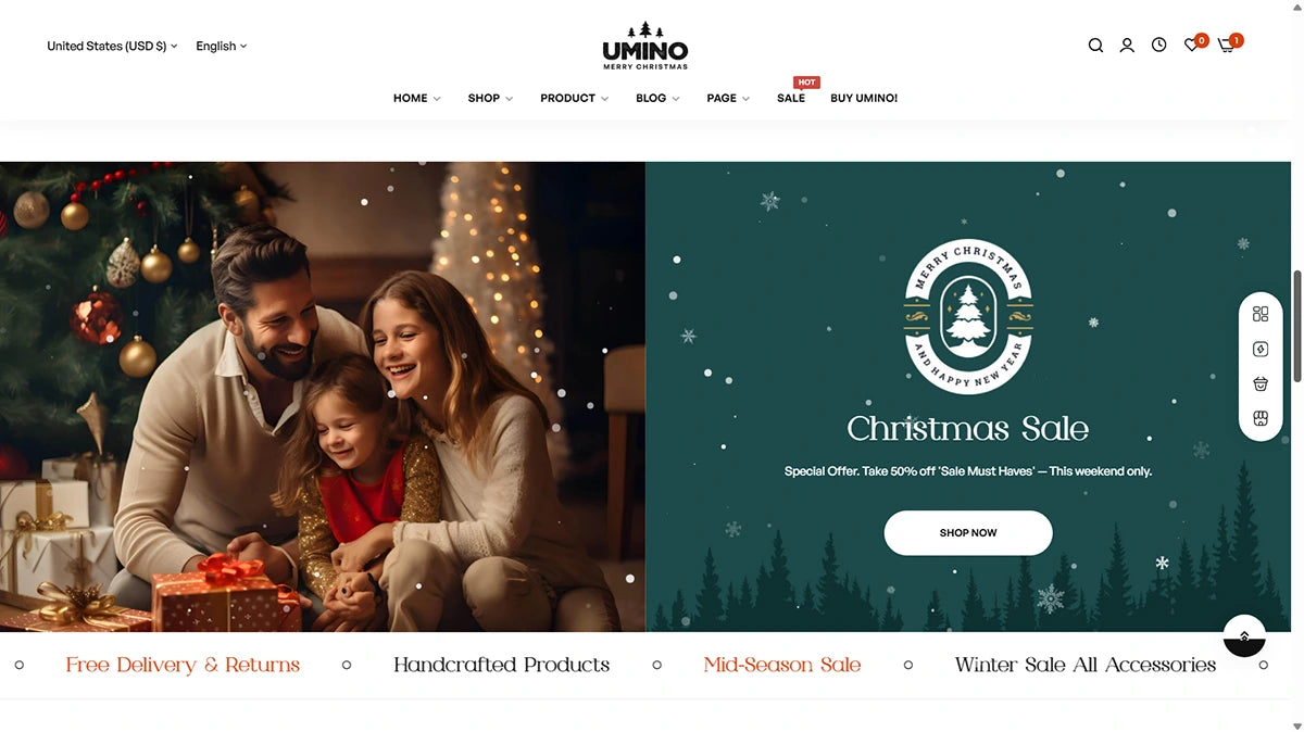 UMINO website homepage with a family opening a gift and Christmas sale promotion.