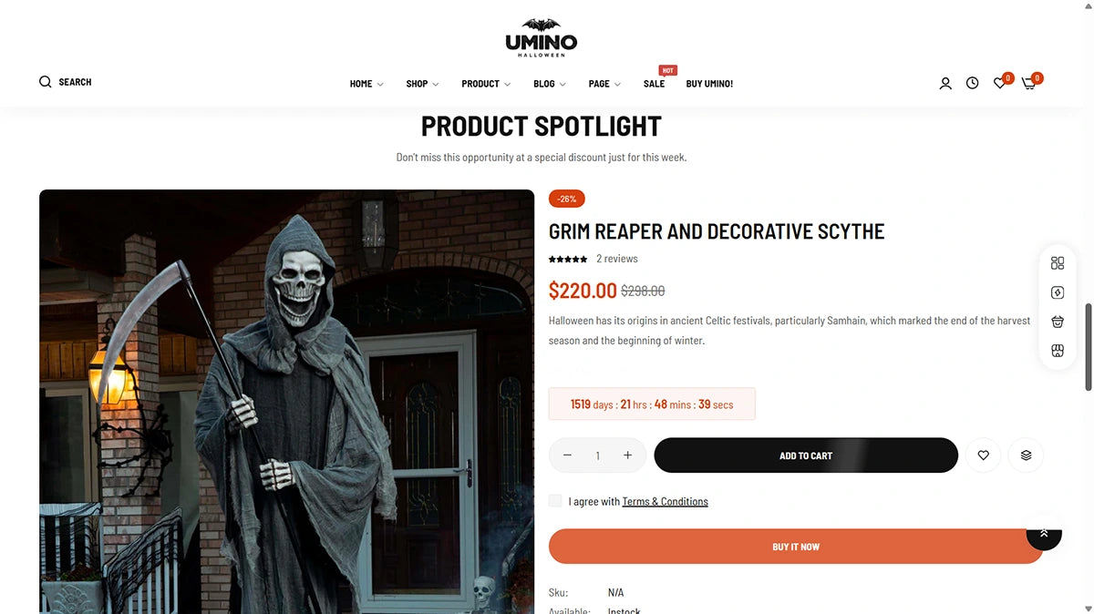 Product page for a Grim Reaper and decorative scythe on a website with 'UMINO' branding.