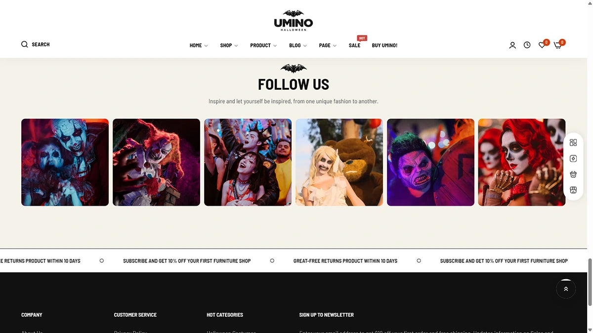 Umino website homepage with product images and promotional text.