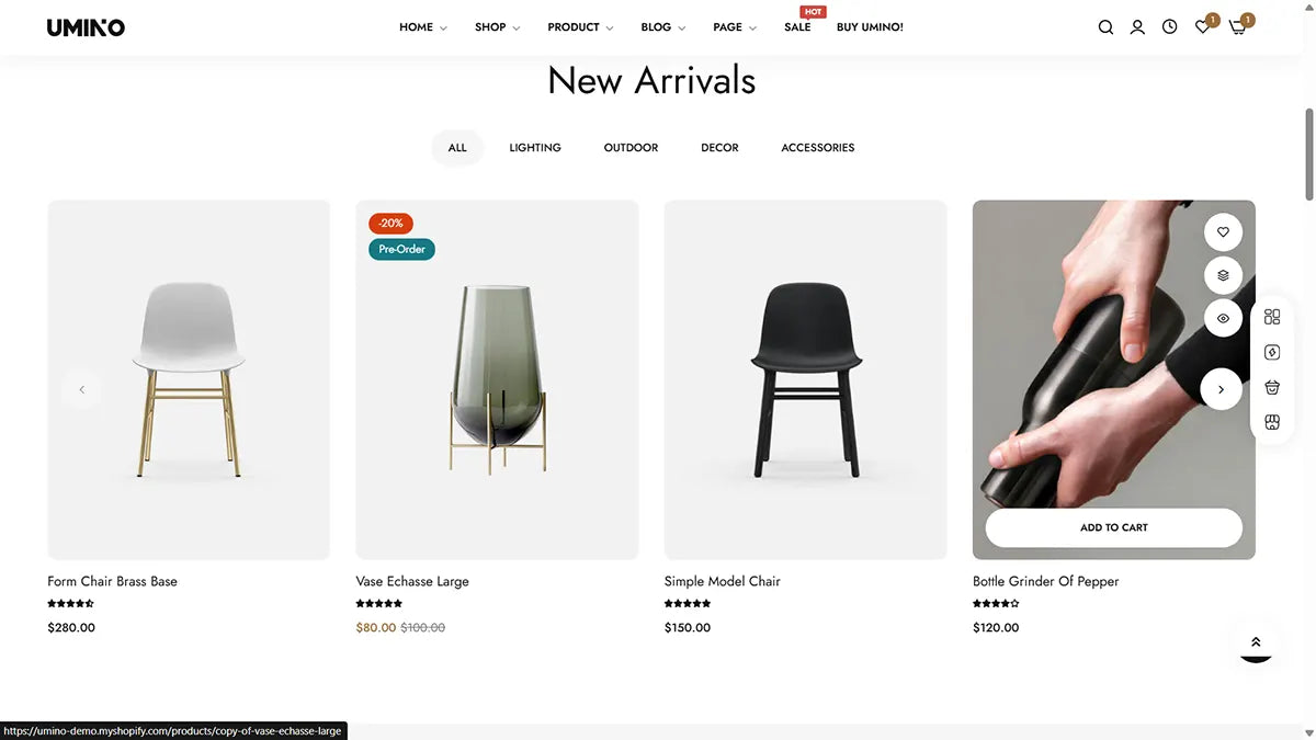 UMIKO website with new arrivals of furniture and decor items on a white background
